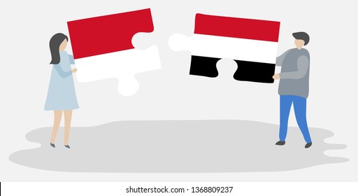 Couple holding two puzzles pieces with Indonesian and Yemeni flags. Indonesia and Yemen national symbols together.