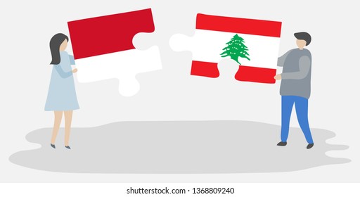 Couple holding two puzzles pieces with Indonesian and Lebanese flags. Indonesia and Lebanon national symbols together.