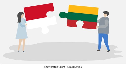 Couple holding two puzzles pieces with Indonesian and Lithuanian flags. Indonesia and Lithuania national symbols together.