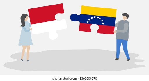 Couple holding two puzzles pieces with Indonesian and Venezuelan flags. Indonesia and Venezuela national symbols together.