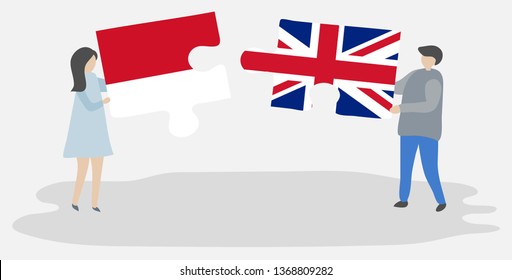 Couple holding two puzzles pieces with Indonesian and British flags. Indonesia and United Kingdom national symbols together.
