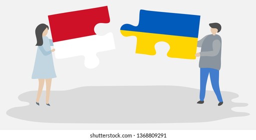 Couple holding two puzzles pieces with Indonesian and Ukrainian flags. Indonesia and Ukraine national symbols together.