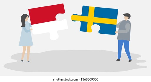 Couple holding two puzzles pieces with Indonesian and Swedish flags. Indonesia and Sweden national symbols together.