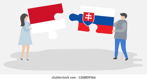 Couple holding two puzzles pieces with Indonesian and Slovak flags. Indonesia and Slovakia national symbols together.