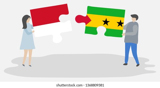 Couple holding two puzzles pieces with Indonesian and Sao Tomean flags. Indonesia and Sao Tome and Principe national symbols together.