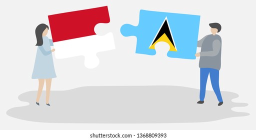 Couple holding two puzzles pieces with Indonesian and Saint Lucian flags. Indonesia and Saint Lucia national symbols together.