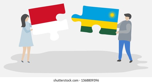 Couple holding two puzzles pieces with Indonesian and Rwandan flags. Indonesia and Rwanda national symbols together.