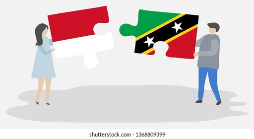 Couple holding two puzzles pieces with Indonesian and Kittitian flags. Indonesia and Saint Kitts and Nevis national symbols together.