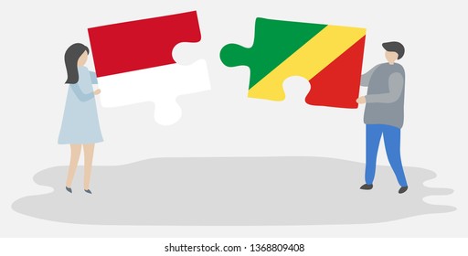 Couple holding two puzzles pieces with Indonesian and Congolese flags. Indonesia and Republic of the Congo national symbols together.