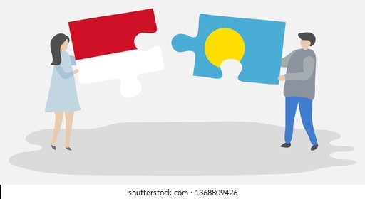 Couple holding two puzzles pieces with Indonesian and Palauan flags. Indonesia and Palau national symbols together.