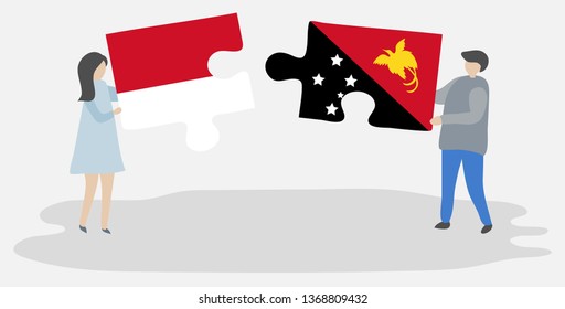 Couple holding two puzzles pieces with Indonesian and Papuan flags. Indonesia and Papua New Guinea national symbols together.