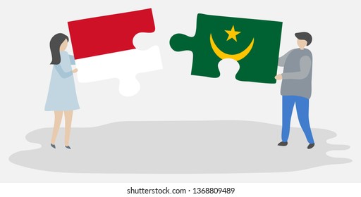 Couple holding two puzzles pieces with Indonesian and Mauritanian flags. Indonesia and Mauritania national symbols together.