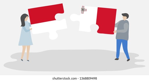 Couple holding two puzzles pieces with Indonesian and Maltese flags. Indonesia and Malta national symbols together.