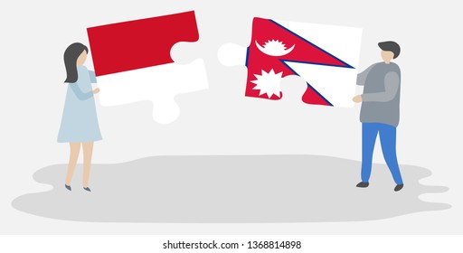 Couple holding two puzzles pieces with Indonesian and Nepalese flags. Indonesia and Nepal national symbols together.