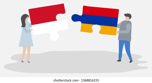 Couple holding two puzzles pieces with Indonesian and Armenian flags. Indonesia and Armenia national symbols together.