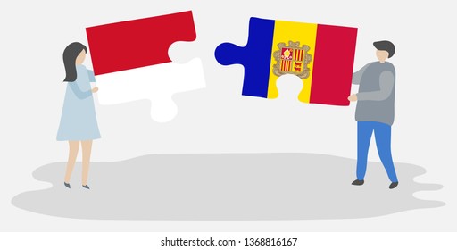 Couple holding two puzzles pieces with Indonesian and Andorran flags. Indonesia and Andorra national symbols together.