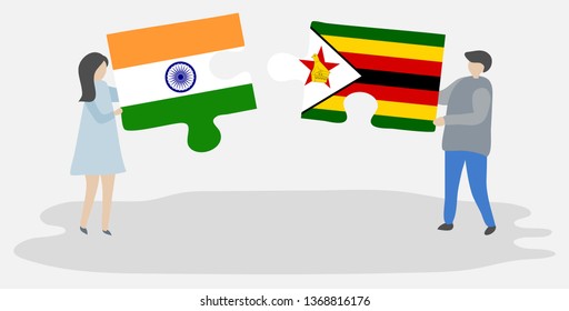 Couple holding two puzzles pieces with Indian and Zimbabwean flags. India and Zimbabwe national symbols together.