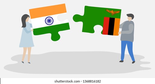 Couple holding two puzzles pieces with Indian and Zambian flags. India and Zambia national symbols together.