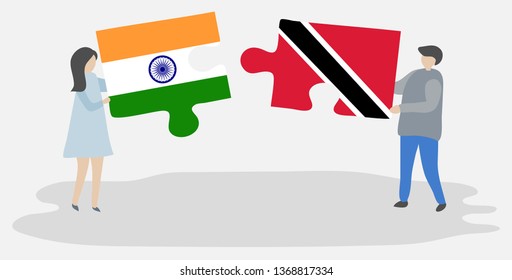 Couple holding two puzzles pieces with Indian and Trinidadian flags. India and Trinidad and Tobago national symbols together.