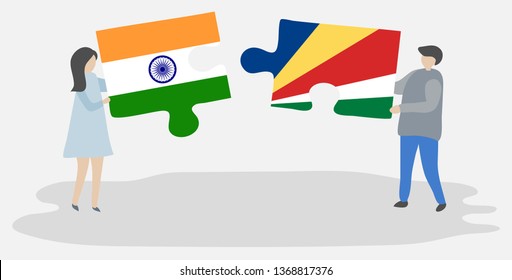 Couple holding two puzzles pieces with Indian and Seychellois flags. India and Seychelles national symbols together.