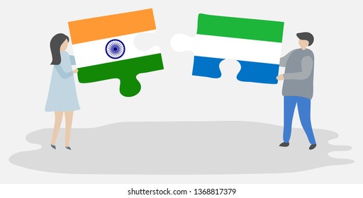 Couple holding two puzzles pieces with Indian and Sierra Leonean flags. India and Sierra Leone national symbols together.