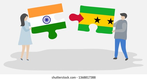 Couple holding two puzzles pieces with Indian and Sao Tomean flags. India and Sao Tome and Principe national symbols together.