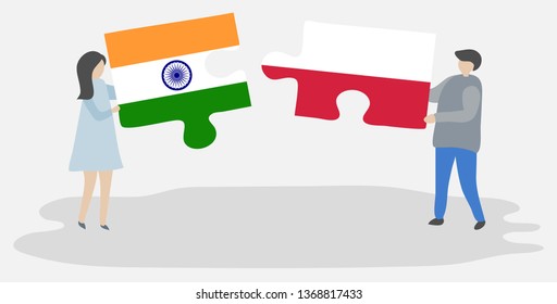 Couple holding two puzzles pieces with Indian and Polish flags. India and Poland national symbols together.