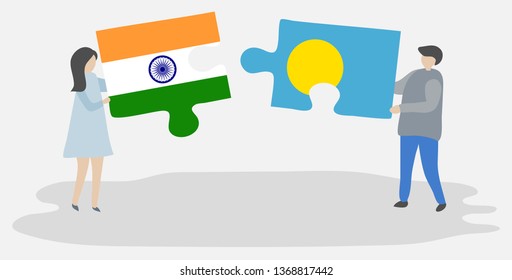 Couple holding two puzzles pieces with Indian and Palauan flags. India and Palau national symbols together.
