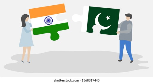 Couple holding two puzzles pieces with Indian and Pakistani flags. India and Pakistan national symbols together.