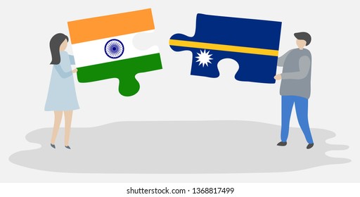 Couple holding two puzzles pieces with Indian and Nauruan flags. India and Nauru national symbols together.
