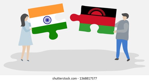 Couple holding two puzzles pieces with Indian and Malawian flags. India and Malawi national symbols together.