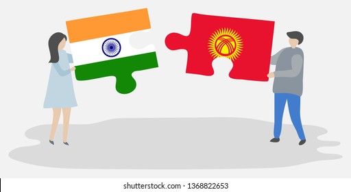 Couple holding two puzzles pieces with Indian and Kirgiz flags. India and Kyrgyzstan national symbols together.