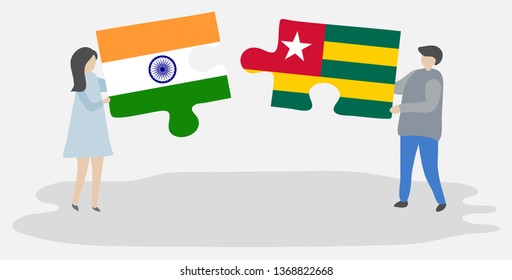 Couple holding two puzzles pieces with Indian and Togolese flags. India and Togo national symbols together.