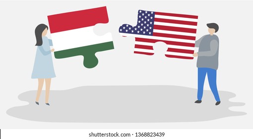 Couple holding two puzzles pieces with Hungarian and American flags. Hungary and United States of America national symbols together.