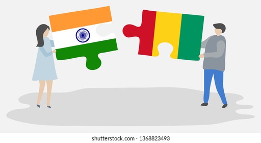 Couple holding two puzzles pieces with Indian and Guinean flags. India and Guinea national symbols together.