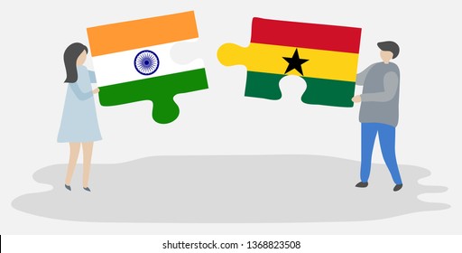 Couple holding two puzzles pieces with Indian and Ghanaian flags. India and Ghana national symbols together.
