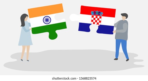 Couple holding two puzzles pieces with Indian and Croatian flags. India and Croatia national symbols together.