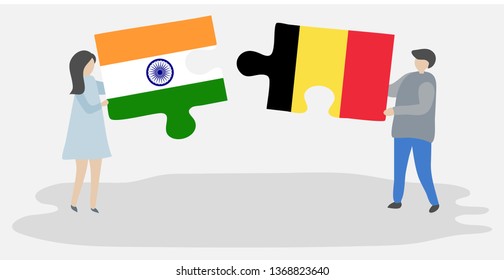Couple holding two puzzles pieces with Indian and Belgian flags. India and Belgium national symbols together.