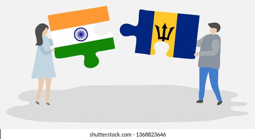 Couple holding two puzzles pieces with Indian and Barbadian flags. India and Barbados national symbols together.