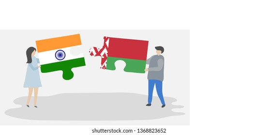 Couple holding two puzzles pieces with Indian and Belarusian flags. India and Belarus national symbols together.