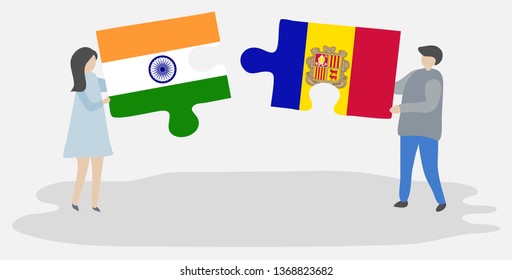 Couple holding two puzzles pieces with Indian and Andorran flags. India and Andorra national symbols together.