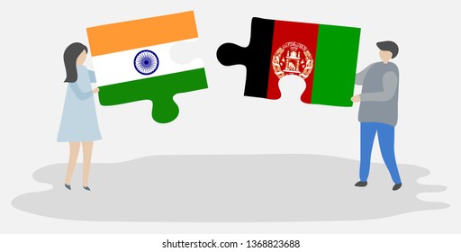 Couple holding two puzzles pieces with Indian and Afghan flags. India and Afghanistan national symbols together.