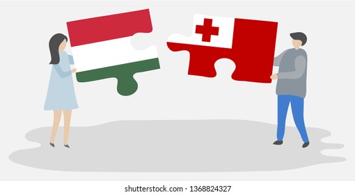 Couple holding two puzzles pieces with Hungarian and Tongan flags. Hungary and Tonga national symbols together.