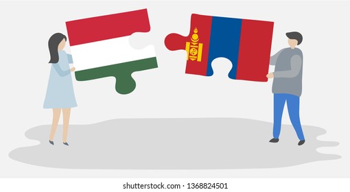 Couple holding two puzzles pieces with Hungarian and Mongolian flags. Hungary and Mongolia national symbols together.