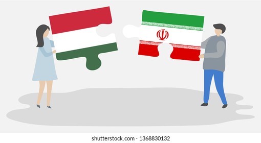 Couple holding two puzzles pieces with Hungarian and Iranian flags. Hungary and Iran national symbols together.