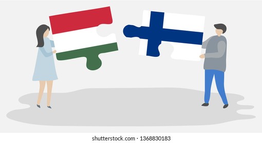 Couple holding two puzzles pieces with Hungarian and Finnish flags. Hungary and Finland national symbols together.