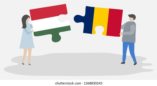 Couple holding two puzzles pieces with Hungarian and Chadian flags. Hungary and Chad national symbols together.