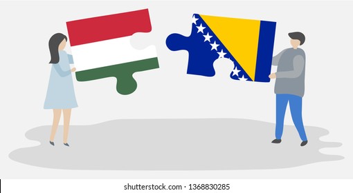Couple holding two puzzles pieces with Hungarian and Bosnian flags. Hungary and Bosnia and Herzegovina national symbols together.