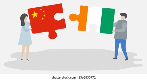 Couple holding two puzzles pieces with Chinese and Ivorian flags. China and Ivory Coast national symbols together.