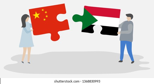 Couple holding two puzzles pieces with Chinese and Sudanese flags. China and Sudan national symbols together.
